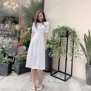 Đầm váy freesize trắng cổ sen