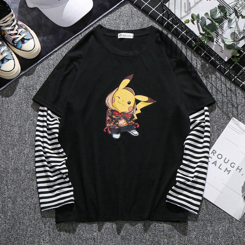 Áo thun giả 2 mảnh cổ tròn dài tay in hình Pikachu 2 màu trắng đen thời trang cho nam nữ