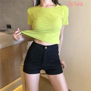 Quần Short Jean Lưng Cao Co Dãn Cho Nữ