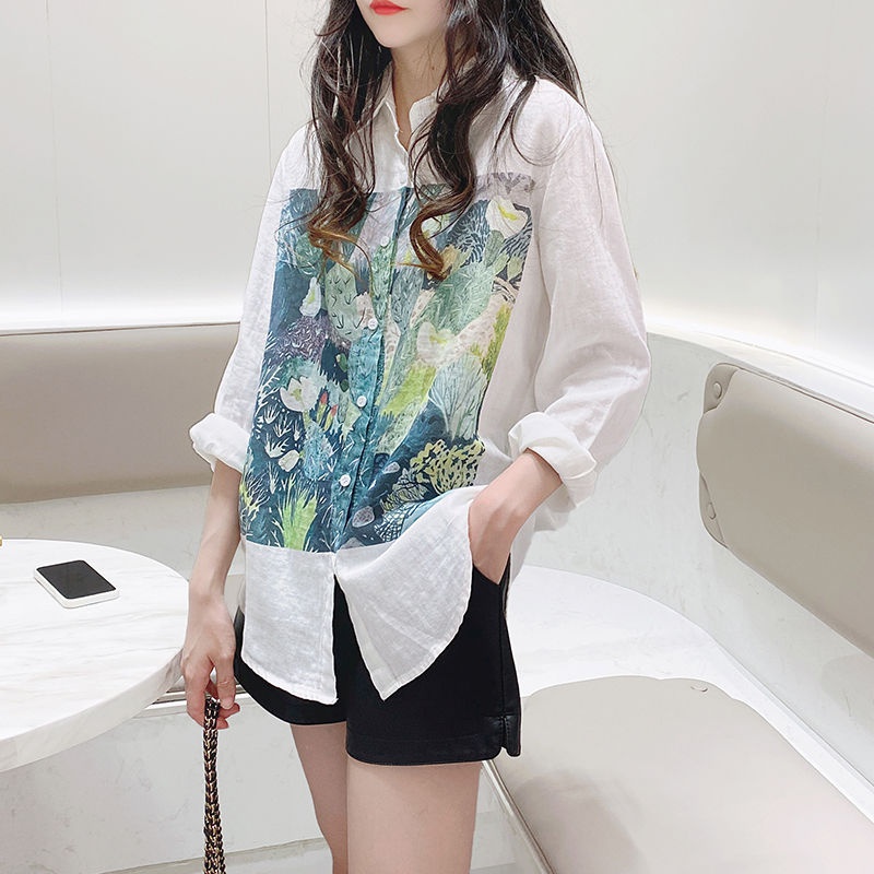Áo Sơ Mi Cotton Tay Dài Dáng Rộng In Họa Tiết Graffiti Màu Sắc Thời Trang Cho Nữ