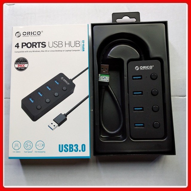 Bộ chia USB 3.0 ORICO W9PH4-U3-BK Hub 4 Cổng Có Công Tắc Riêng Màu Đen - Hàng Chính Hãng BH 12 Tháng Viscom