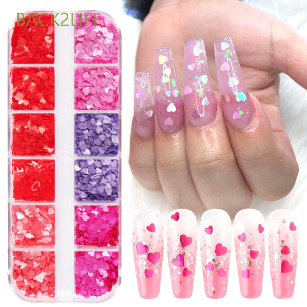 BACK2LIFE 3D Nail Sequins DIY Manicure Nail Art Decoration 12 Grids/box Love Heart Laser Sparkly Valentine's Day Holographic Nail Glitter Flakes