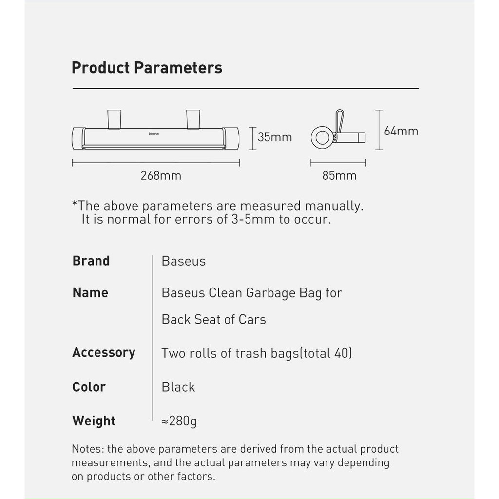 Túi rác có giá treo Baseus có thể gấp gọn treo sau lưng ghế ngồi trên xe hơi(2 cuộn - 20 túi/cuộn)
