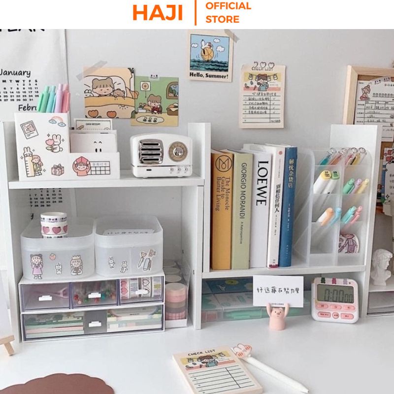 Kệ sách gỗ mini để bàn đa ngăn tiện lợi, Kệ gỗ trang trí phong cách Vintage hiện đại xinh xắn thương hiệu HAJI A62