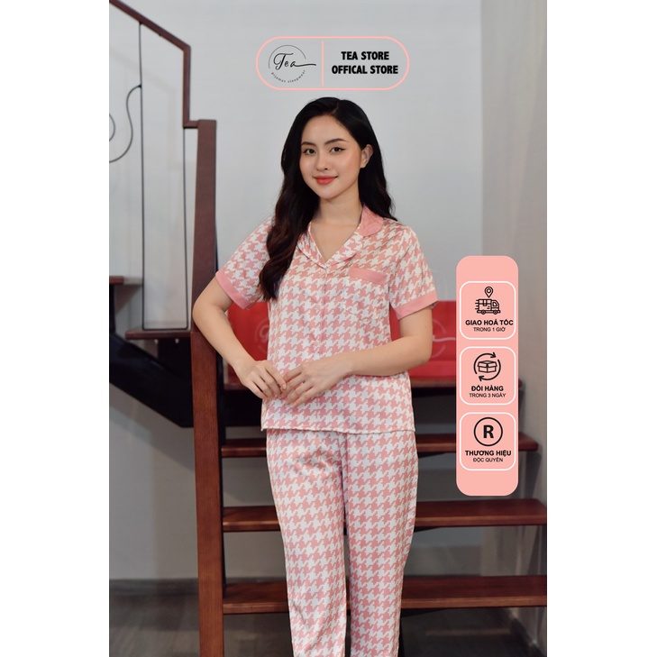 Bộ Mặc Nhà Pyjama Chất Lụa Tea Store Áo Cộc Quần Dài Họa Tiết Zigzag Hồng