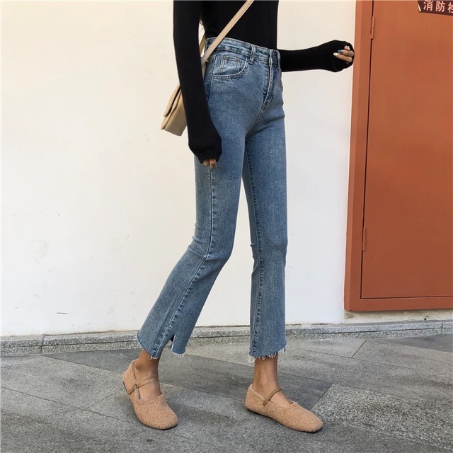 (Order) có bigsize Quần jeans ống loe xẻ lệch 2019