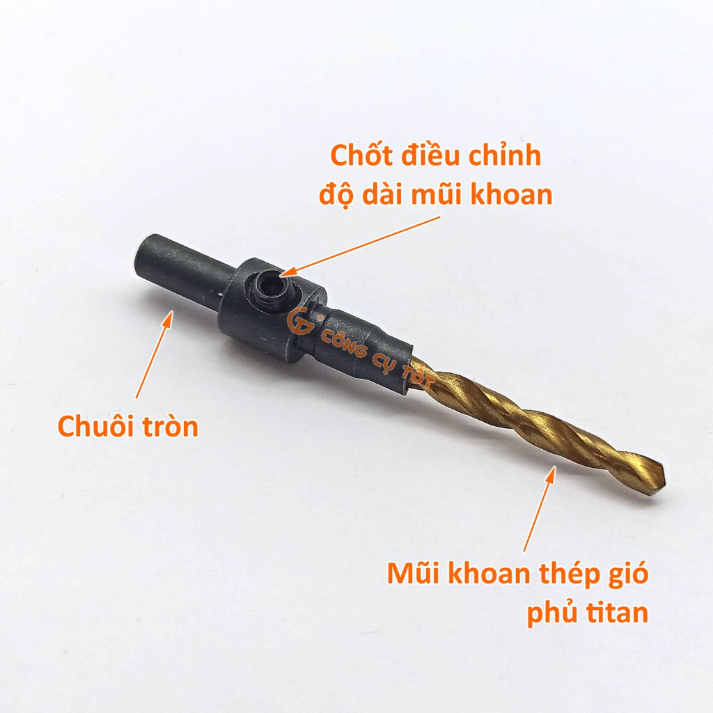 Bộ 5 mũi khoan 2 tầng chỉnh cữ bắt âm mũ vít 2.38-3.97mm phủ titan chuôi tròn