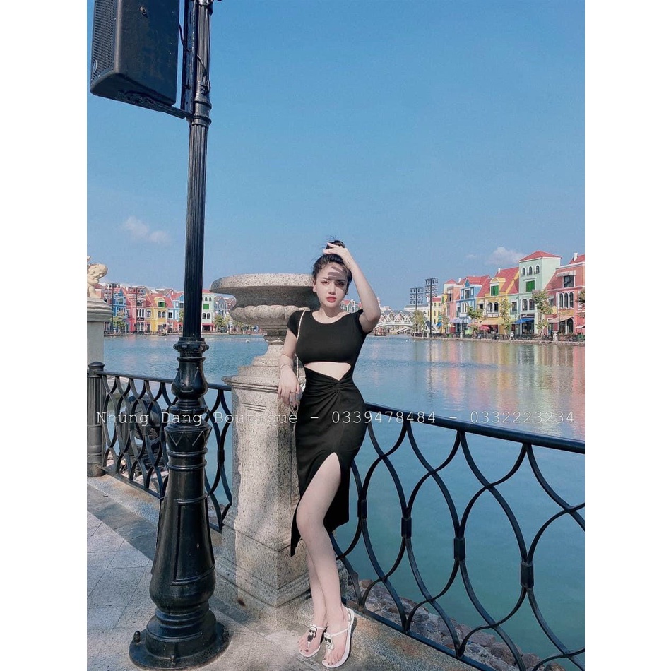Đầm body tay ngắn hở eo xoắn bụng chất thun gân hot kth