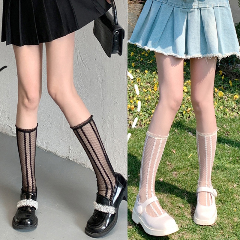 Xixi Tất Chân Phối Ren Mỏng Họa Tiết Kẻ Sọc Phong Cách Lolita Nhật Bản Cho Nữ