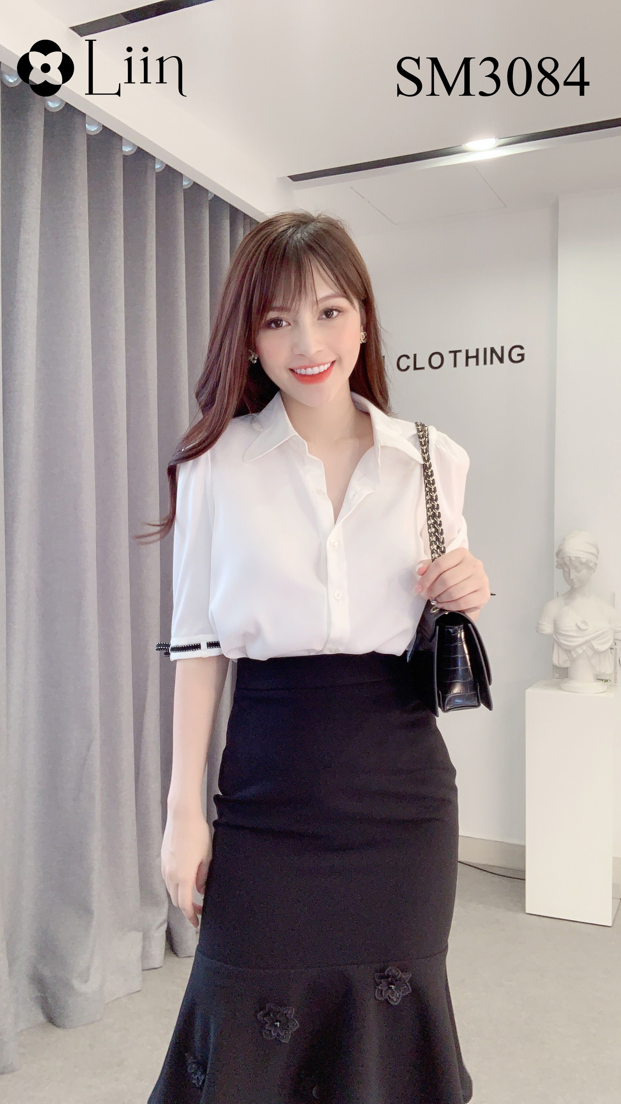 Áo sơ mi nữ màu Trắng kết hợp Cổ Nơ Đen xinh xắn Liin Clothing SM3084