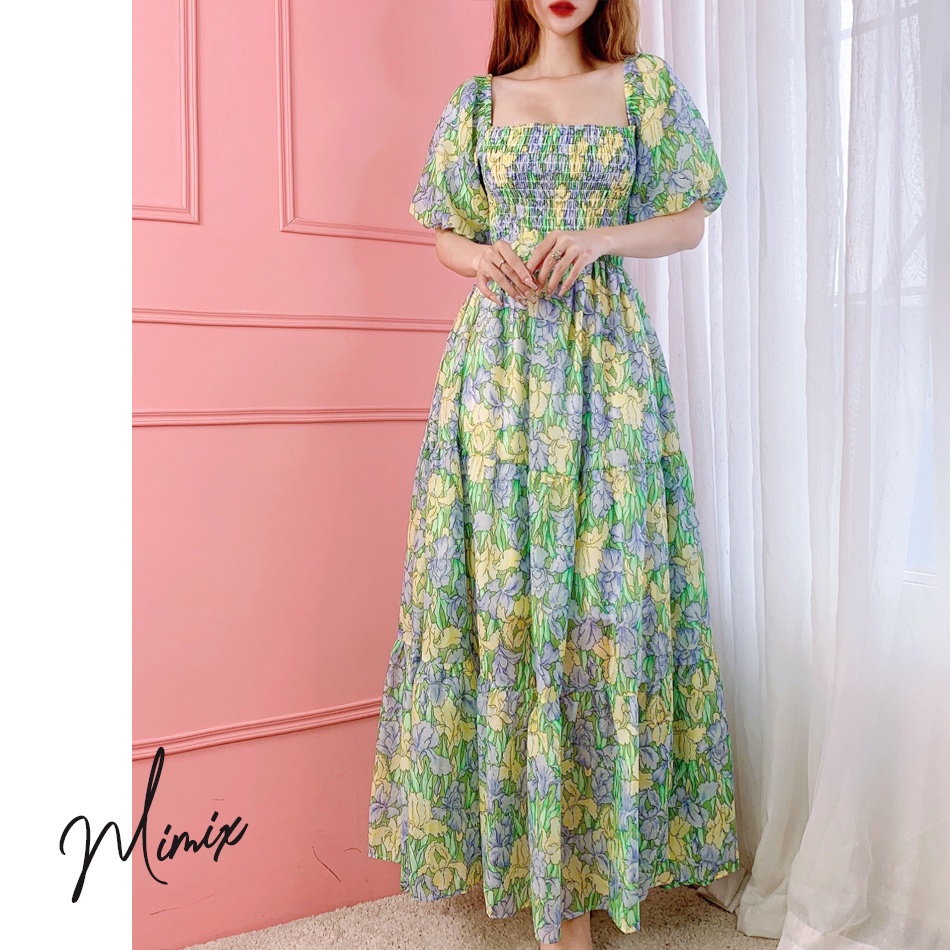 Đầm maxi hoa tầng cổ vuông tay ngắn phồng MMIMX BP0205 | BigBuy360 - bigbuy360.vn