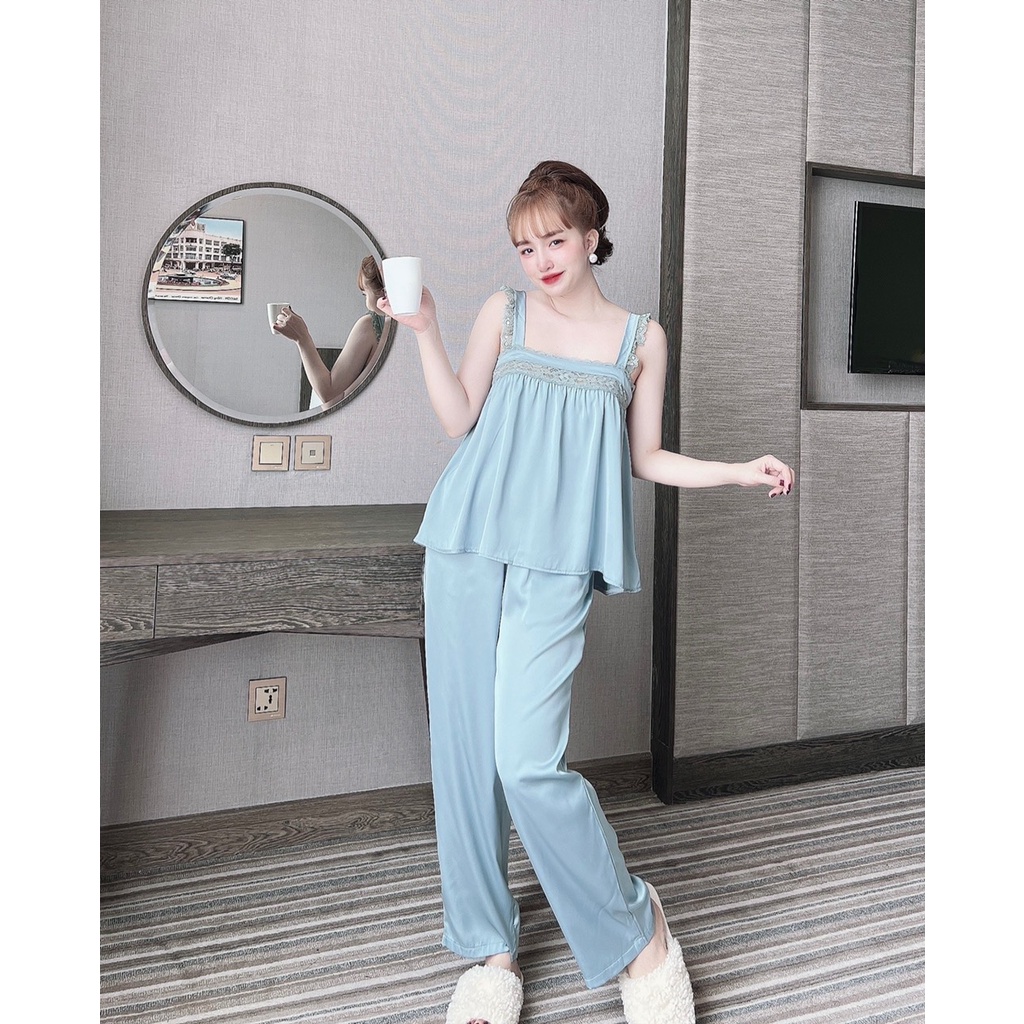 Đồ Ngủ Pijama 2 Dây Lụa Latin Quần Dài Mát-Mềm-Mịn-Không Nhăn, Đồ Bộ Mặc Nhà Bigsize Phong Cách Hàn Quốc