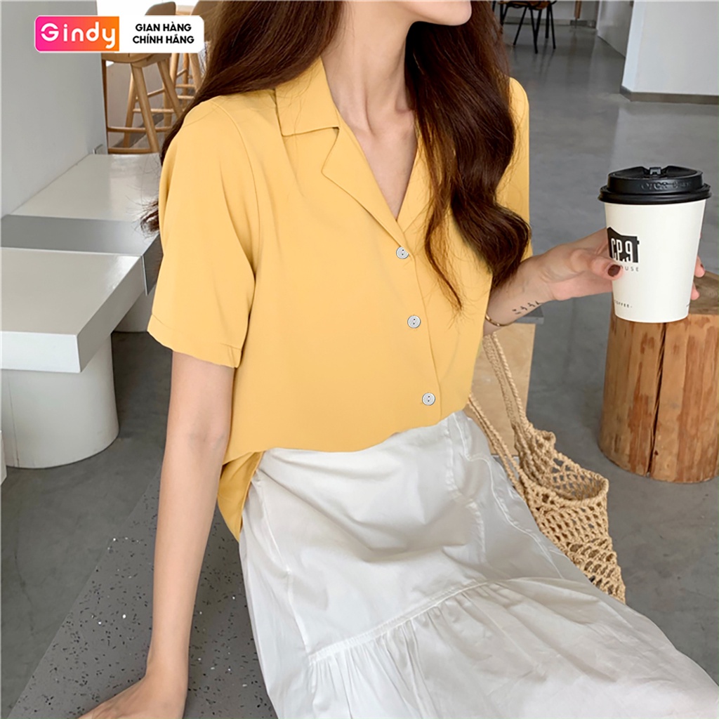 Áo sơ mi kiểu nữ cổ vest GINDY form rộng màu trắng, xanh, vàng basic chất lụa thời trang học sinh công sở Hàn Quốc A5145