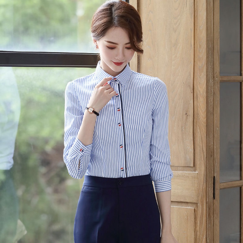 Áo Sơ Mi Công Sở Dáng Rộng Kẻ Sọc Xanh Dương 2022 Thời Trang Công Sở Cho Nữ
