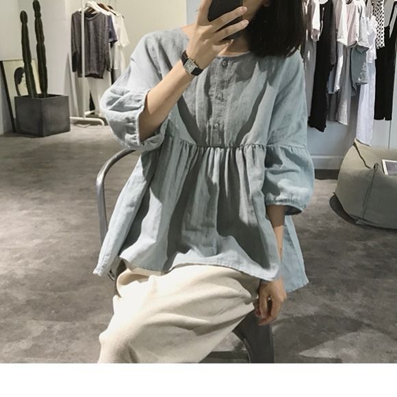 Áo kiểu cổ tròn tay lửng phong cách Hàn Quốc tùy chọn màu sắc dành cho nữ