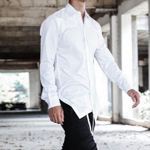 Áo Sơ Mi Cotton Nam Cổ Bẻ Cao Cấp, Form Dáng Dài, Cách Điệu Vạt Áo Nhọn Cá Tính, Thời Trang Thời Thượng