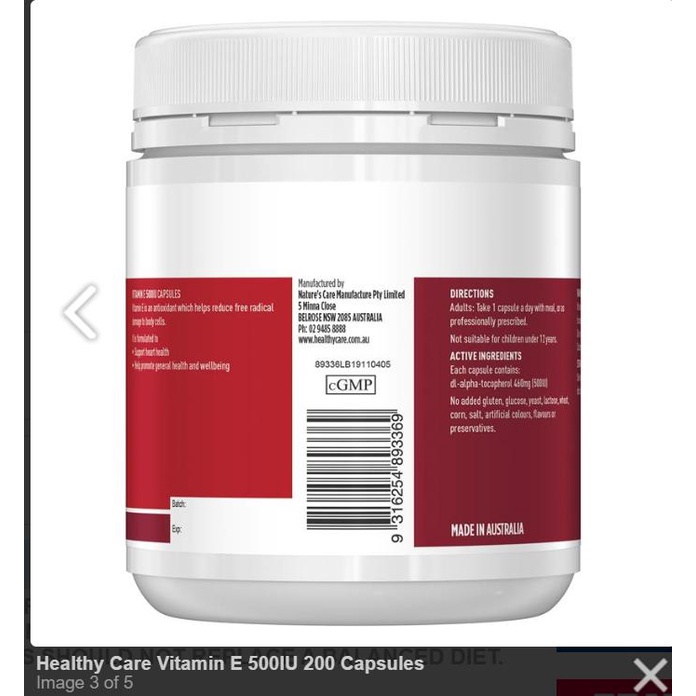 Viên uống vitamin e 500iu healthy care 200 viên úc, giúp đẹp da, chậm lão hóa