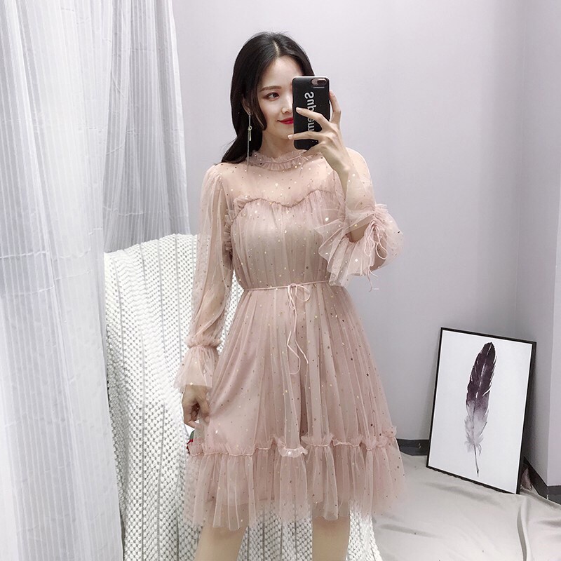 M27 - Đầm Ulzzang dự tiệc cổ tròn viền bèo nhúng dáng xòe thắt dây eo đính kim sa rất sáng