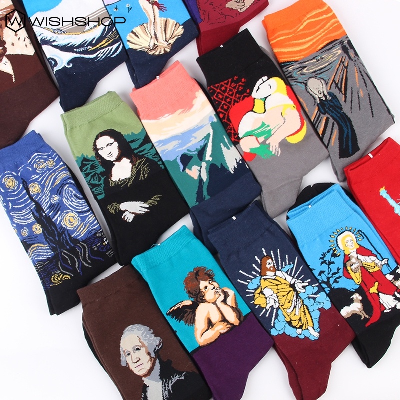 Vớ Cotton Mềm Cổ Cao Thoáng Khí In Hình Tranh Mona Lisa Sơn Dầu Retro Phương Tây Vui Nhộn Thời Trang Xuân Hè / Thoải Mái Cho Cặp Đôi Túi Đeo Chéo Thời Trang Cho Nam Nữ