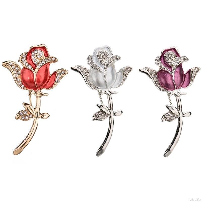 Rose Flower Enamel Crystal Rhinestone Brooch Pin for Party Decor