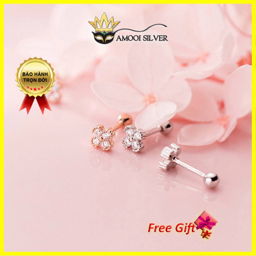 Bông tai bạc S925 hoa 4 cánh chui vặn nhí - Amooi Silver AB169
