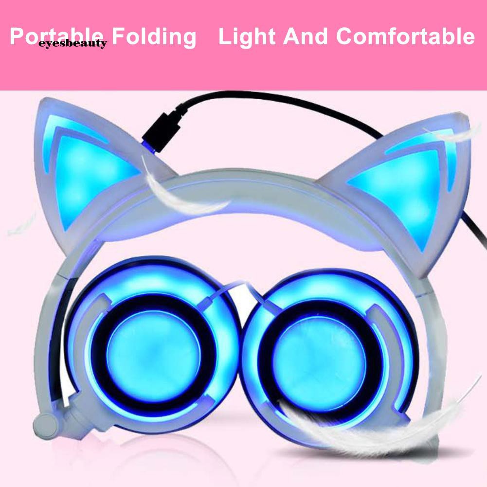 Tai nghe chụp tai gắn họa tiết tai mèo độc đáo dễ thương tích hợp LED nhiều màu sắc