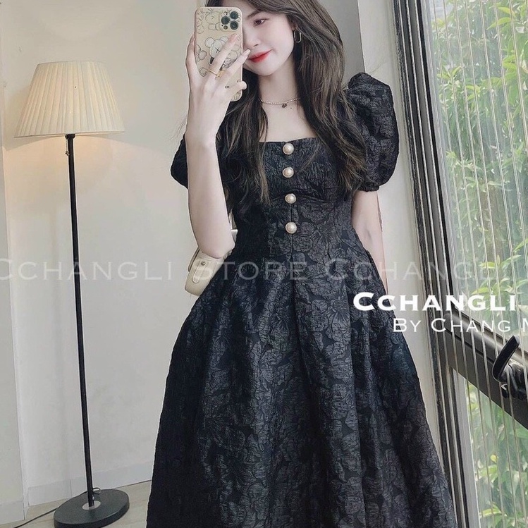 Đầm tay phồng đính cúc đầm gấm dự tiệc sang chảnh đầm váy nữ phong cách tiểu thư sang chảnh dễ thương