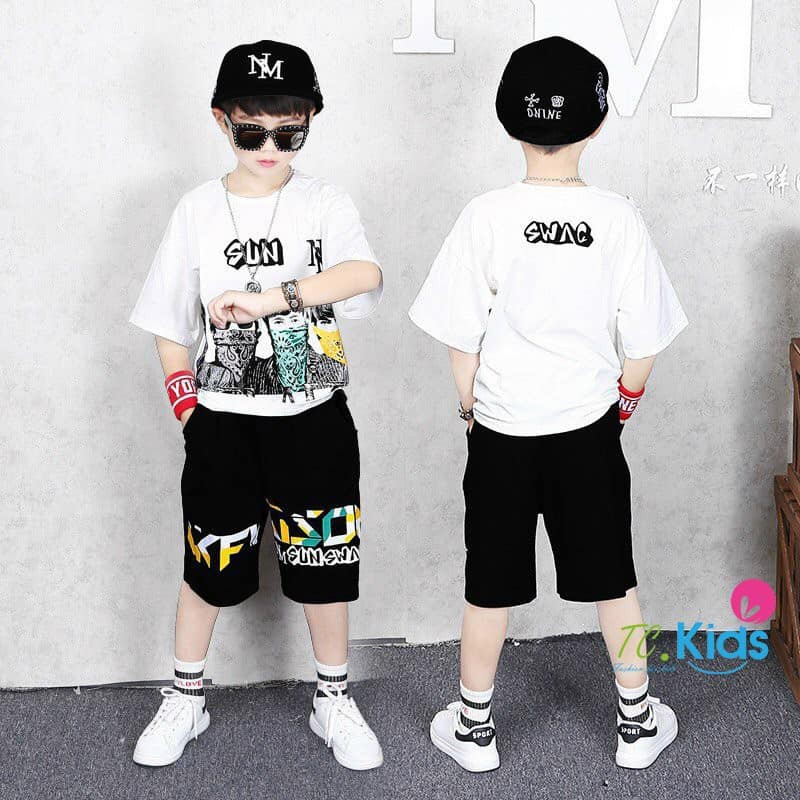 Bộ bé trai phong cách hip hop thun cotton xinh mát 4 màu phối như hình