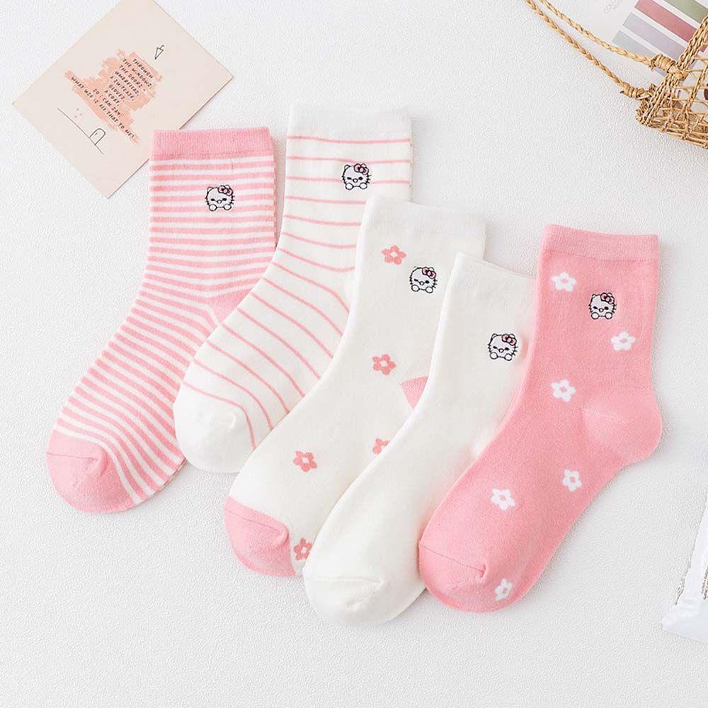 Mocho Vớ Cotton Ống Lửng Vừa Họa Tiết Mèo Kitty Và Hoa Ngọt Ngào Thoải Mái Cho Nữ
