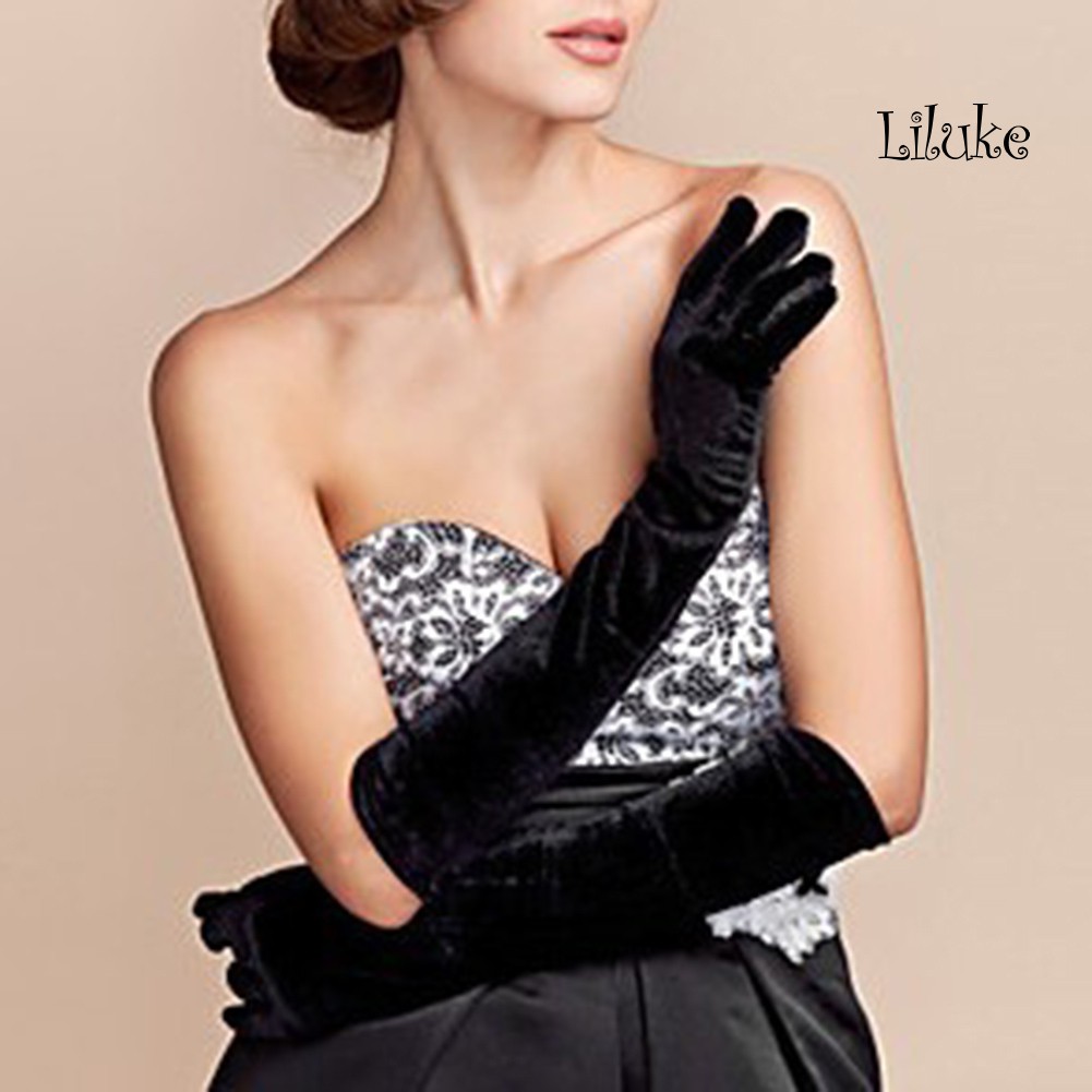 Găng Tay Nhung Dài Co Giãn Che Phủ Ngón Tay Phong Cách Vintage Cho Nữ