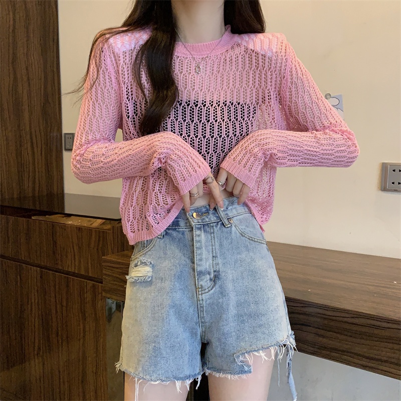 SUXI Áo Dệt Kim Tay Dài Cổ Tròn Hở Vai Màu Sắc Trơn Dành Cho Nữ