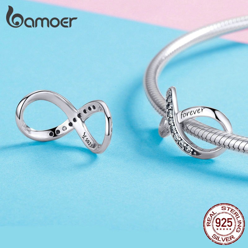 Hạt charm Bamoer trang trí cho vòng đeo tay phong cách tình yêu vĩnh cửu mạ bạc