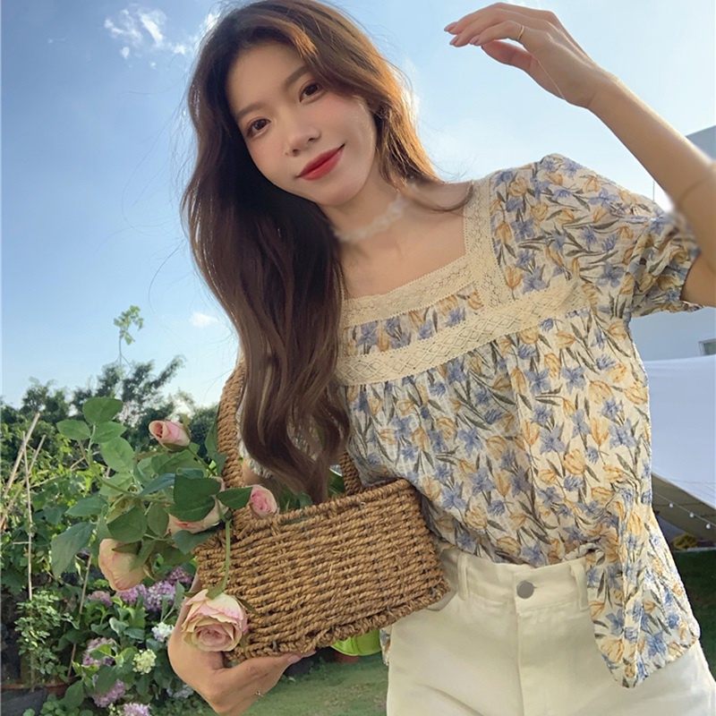 Áo Chiffon Tay Ngắn Cổ Vuông Phối Ren In Họa Tiết Hoa Phong Cách Hàn Quốc Thời Trang Cho Nữ