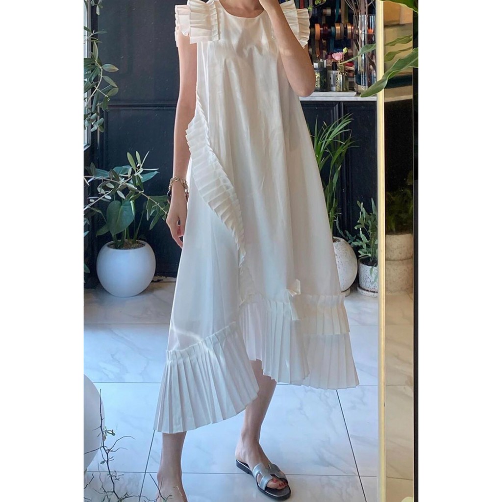 Đầm Midi Thiết Kế Korea Style Đầm Suông Dài Cotton Trơn Cổ Tròn Váy Maxi Dáng Xoè Form Rộng Chất Đũi Vạt Chéo Hàn Quốc