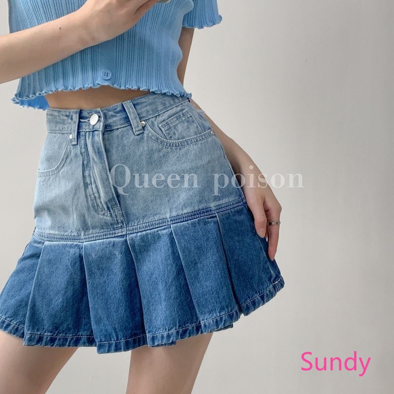 Chân Váy Jean Chữ A Lưng Cao Xếp Ly Màu Gradient Thời Trang Mùa Hè Cho Nữ