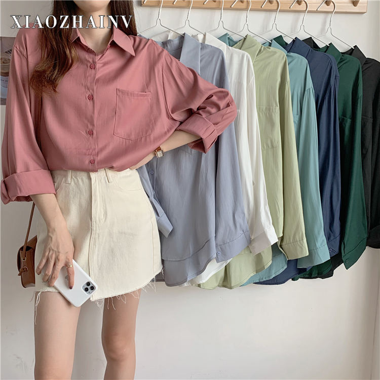 Áo Sơ Mi Nữ form rộng Polo Kiểu Màu Trắng đen hồng xanh đẹp dài tay ulzzang vintage hàn quốc cao cấp trơn Sota Shop