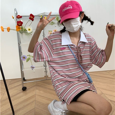 Áo thun polo tay ngắn dáng rộng họa tiết kẻ sọc phong cách Hàn quốc thời trang dễ thương cho nữ