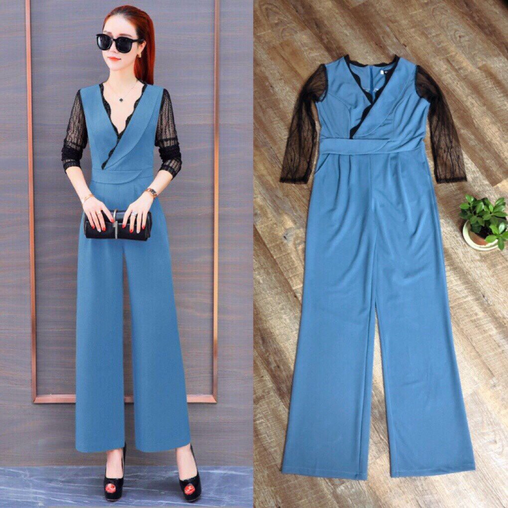 Jumsuit đồ bay dài ống suông phối ren lưới xinh xắn