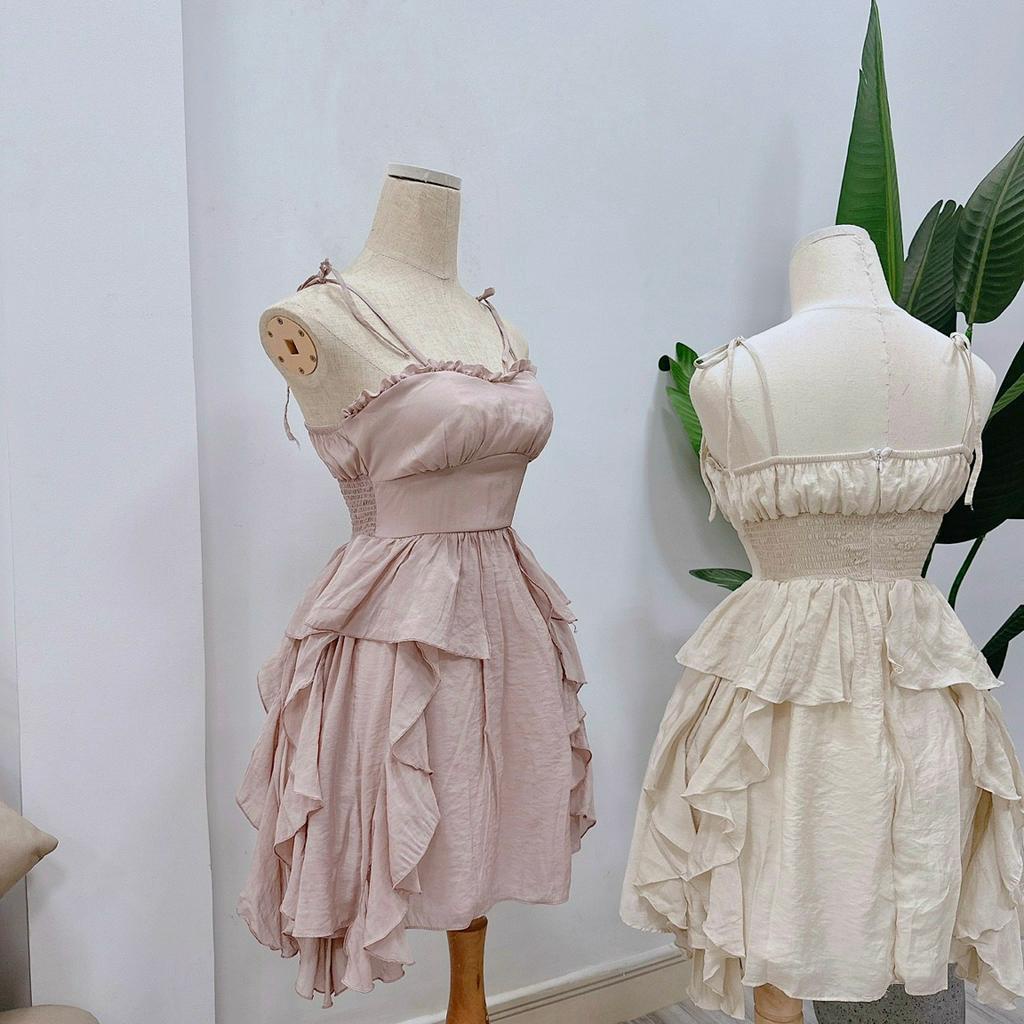 Set Đầm 2 Dây  Dáng Xoè Thiết Kế Phối Bèo Mix Áo Khoác Gân Cao Cấp