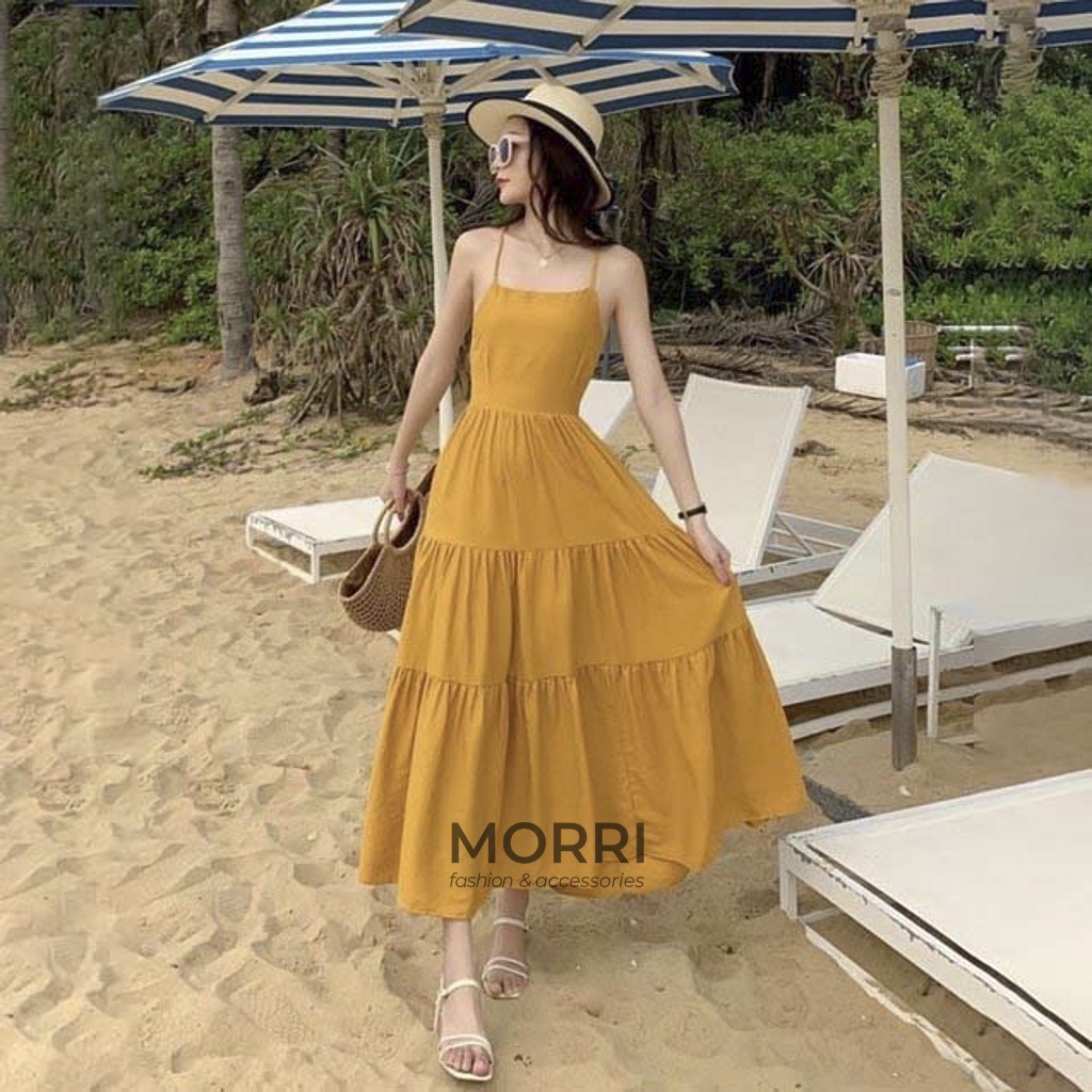 Đầm Đi Biển - Váy Đầm Maxi Dài Dáng Xòe Hai Dây Cổ Vuông Đan Dây Thiết Kế Siêu Xinh