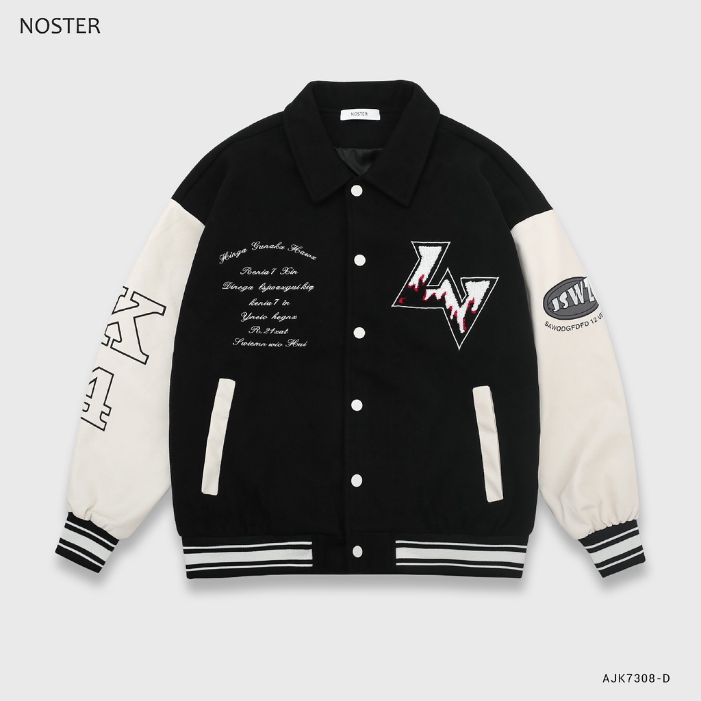 Áo Jacket có cổ, chất dạ phối tay da, họa tiết chữ thêu đẹp, phom dáng trẻ trung - Thương hiệu NOSTER mã AJK7308
