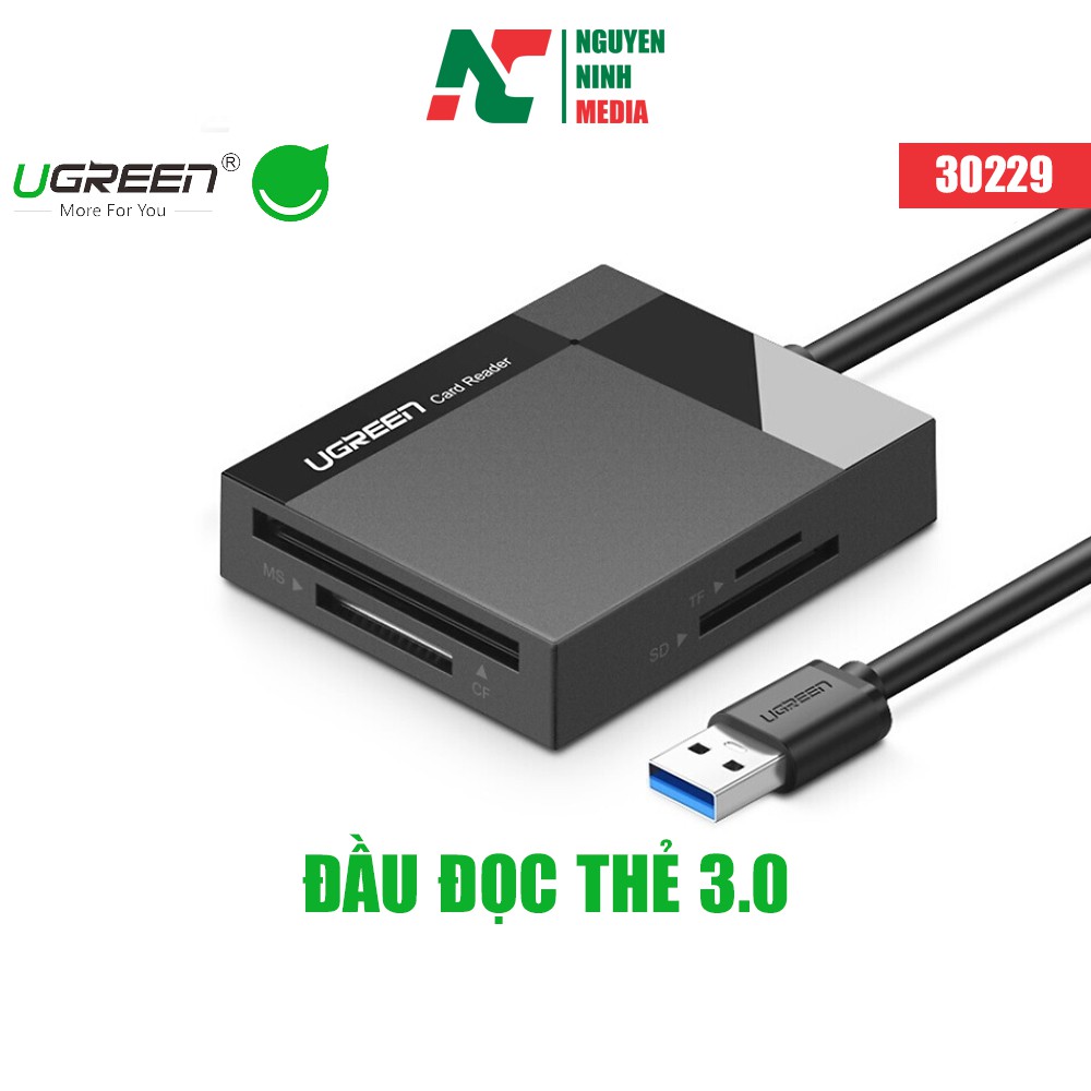 Đầu đọc thẻ USB 3.0 hỗ trợ thẻ TF/SD/CF/MS dài 0.5m UGREEN 30229 - Hàng Chính Hãng