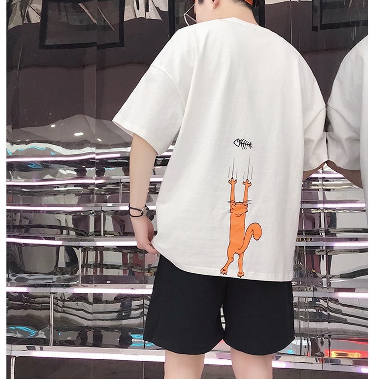 Áo thun unisex tay lỡ form rộng hình mèo cào , oversize tee