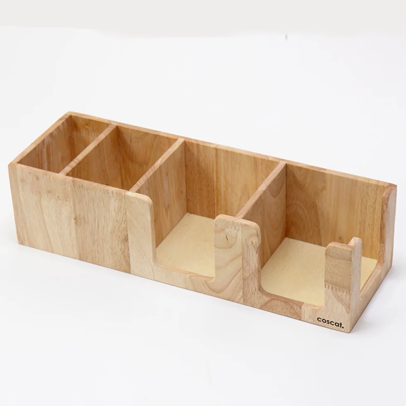 Kệ Đựng Ống Hút, Trà  Cà Phê, Đường Que, Khăn Giấy 4 Ngăn Khay Bằng Gỗ Thông Cao Cấp