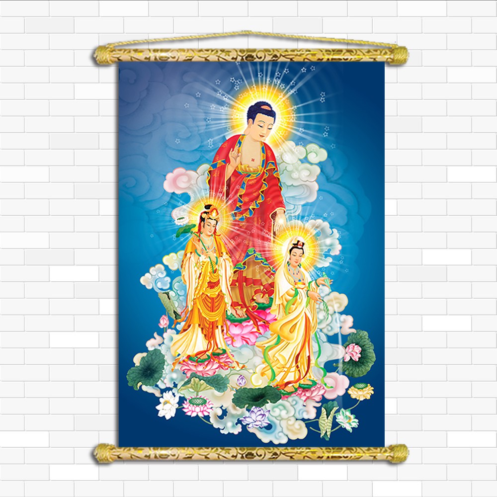 Tranh Liễn Phật Giáo - Tranh Tây Phương Tam Thánh,vải Canvas nẹp sáo gỗ, Nhiều mẫu lựa chọn, kích thước 40 cm x 60 cm