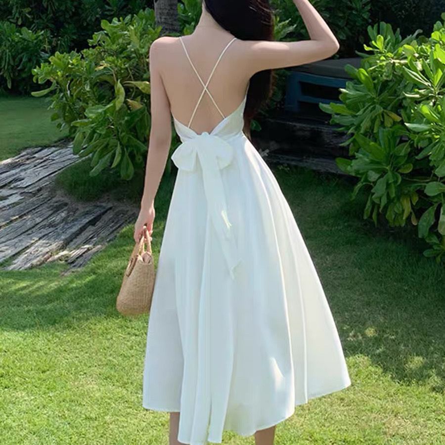 [MURIOKI] Đầm Hai Dây Hở Lưng Màu Trắng Phong Cách Pháp Thời Trang Đi Biển Quyến Rũ Cho Nữ
