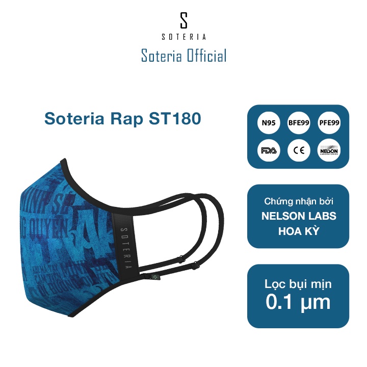 Khẩu trang tiêu chuẩn Quốc Tế SOTERIA Rap ST180 - Bộ lọc N95 BFE PFE 99 lọc đến 99% bụi mịn 0.1 micro- Size S,M,L