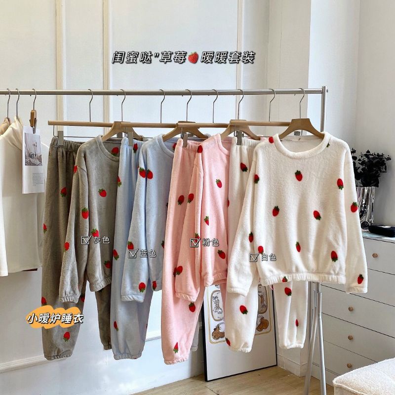 Bộ đồ ngủ lông trơn họa tiết DÂU, Quần bông giữ nhiệt siêu ấm