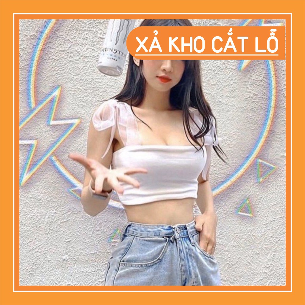 [Xả kho] ÁO 2 DÂY CROPTOP LƯỚI THẮT NƠ ĐEN TRẮNG BOZIP  - ÁO QUÂY NGỰC BUỘC VAI NƠ REN KIỂU