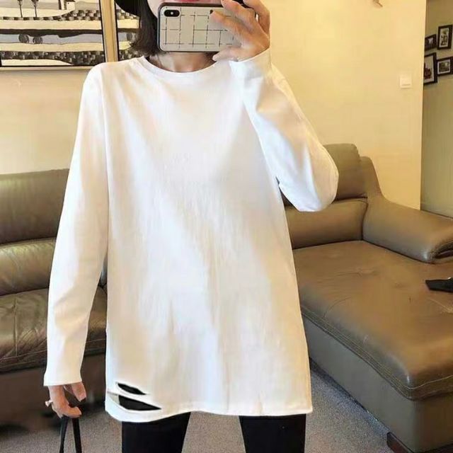 (Có sẵn) Áo thun dài tay 100% cotton unisex rách gấu layer hip hop